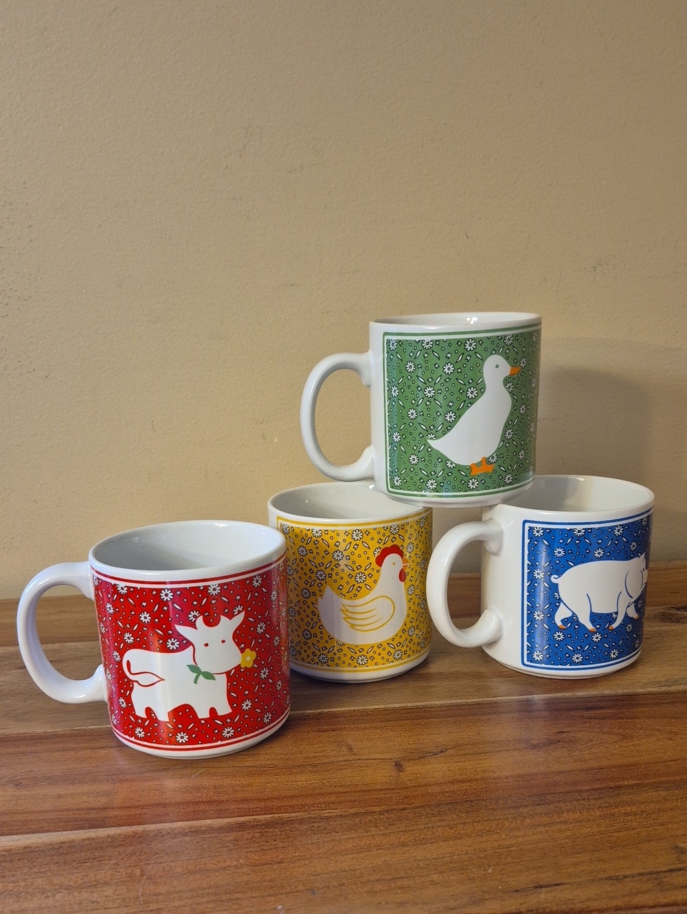 Vintage JSNY 80's Country CalIco Farm Set of 4 Mugs / Cottage Core